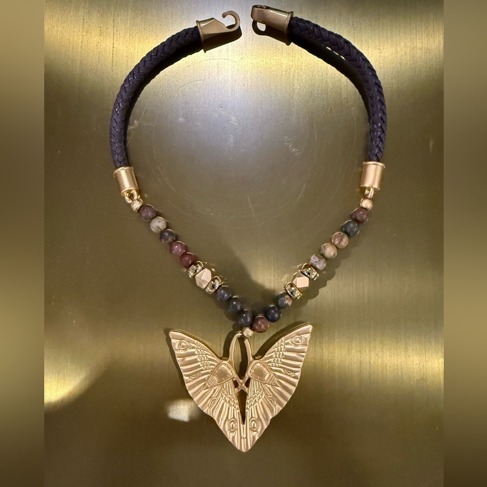 RARE  Pulccino leather/ gold plated  pendant statement necklace  NWOT